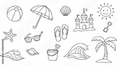 Summer Beach Vacation Icons Collection Doodle Style.