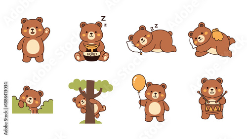 Cute cartoon bear illustrations in various poses and activities.
