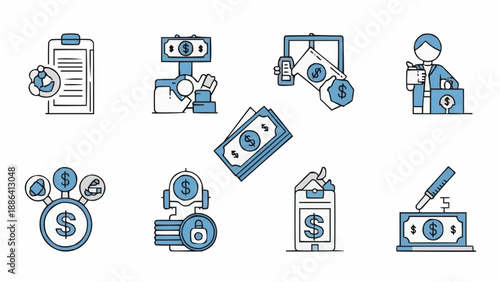 Financial Technology Icons Representing Money Management and Investment.