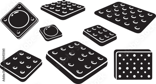 Black and white illustration of various control panels