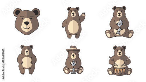 Set of six cute cartoon bears in different poses and outfits.
