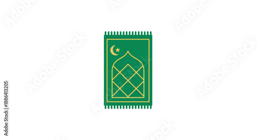 Traditional green Islamic prayer mat with a golden crescent moon and mihrab design, symbolizing devotion and worship, on an isolated white background.