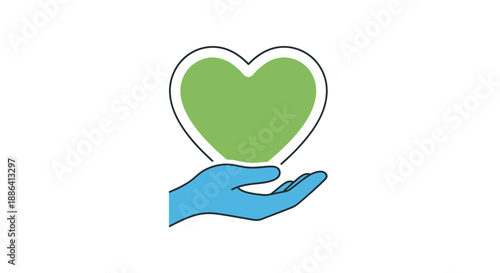 Caring hand gently holding a vibrant green heart, symbolizing health, nature, and community support, on an isolated white background.