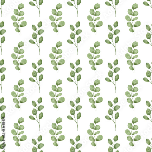 Seamless background, floral minimalistic pattern with watercolor green leaves. Repeat fabric wallpaper print texture. Perfectly for wrapped paper, backdrop, frame or border.
