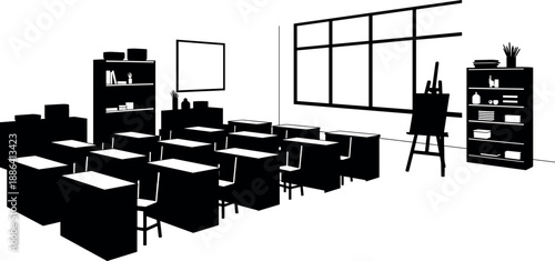Empty classroom with desks, chairs, whiteboard, and bookshelf