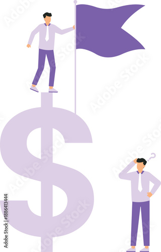 Achieve financial goal and success investment or make money target, win wealth and savings objective or accomplishment concept, businessman holding winner flag on top of dollar money target.
