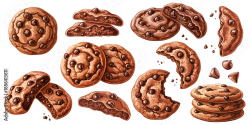 チョコチップクッキーのイラスト素材セット 焼き菓子スイーツコレクション｜クッキー,チョコチップ