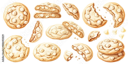 ホワイトチョコチップクッキーのイラスト素材セット 焼き菓子スイーツコレクション｜クッキー,ホワイトチョコ,チョコチップ