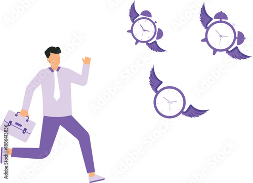 Lack of time or running out of time and countdown for work project deadline and time is valuable thing in life concept, chasing to catch flying away alarm clock and stop watch concept

