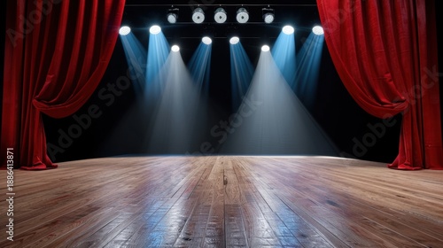 Theater Stage with Draped Red Curtains and Bright Spotlights Shining on Empty Wooden Floor