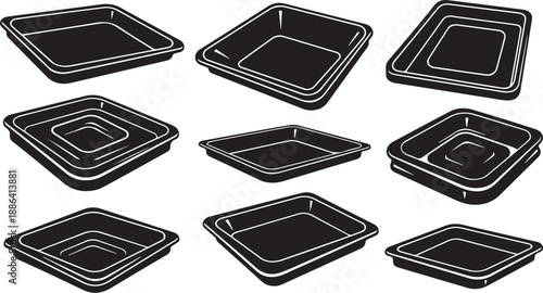 Collection of black square baking pans in various sizes