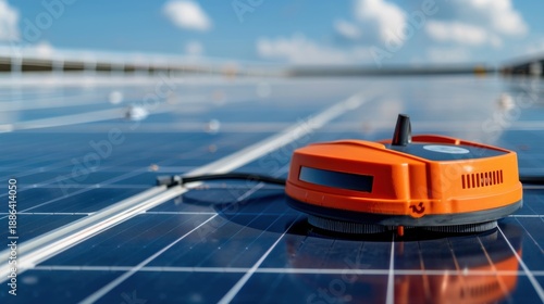 Robot Cleaner on Solar Panels with Blue Sky in Background, Modern Technology and Renewable Energy Concept