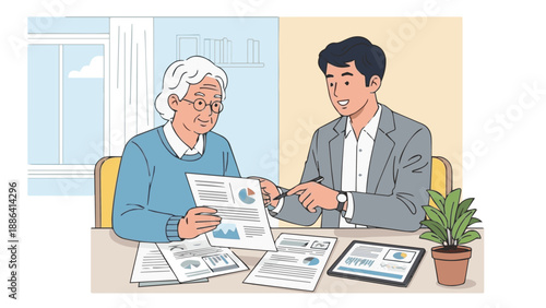 Two individuals reviewing financial documents together at a table with a laptop and papers in a well-lit office environment