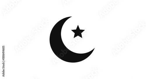 Black crescent moon and star icon, a symbol of Islam, representing spirituality and faith on an isolated white background.