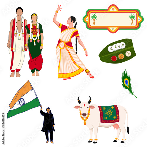 A vibrant collection showcasing South Indian cultural elements including traditional dancers, a married couple, a devotional cow, and national pride on transparent background
