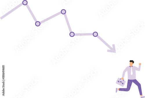 Business failure and economic recession or investment loss or stock market falling down, crisis or crash, investing risk or depression concept, failed businessman run away from falling down arrow char