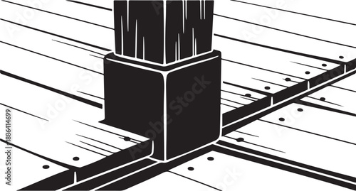Black and white illustration of a wooden deck corner