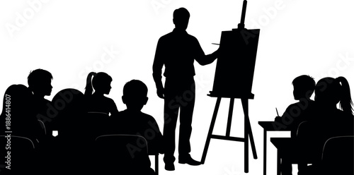 Teacher instructing students in a classroom setting, silhouette