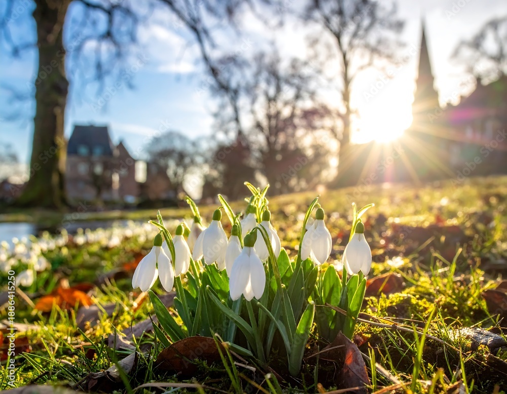 Obraz premium Snowdrops cluster in a park with bright sun flare over a church. Autumn leaves, trees, and buildings are in the background