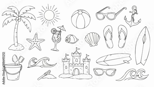 Summer beach vacation icons and symbols collection outline.