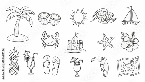 Summer Beach Vacation Icons Collection Hand Drawn Style.