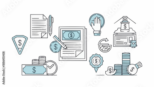Financial Business Icons Representing Money and Contracts.