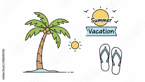 Summer Vacation Tropical Palm Tree and Flip Flops Illustration.