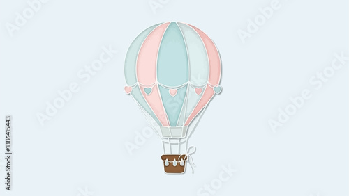Pastel Hot Air Balloon Illustration Isolated on Light Blue Background.