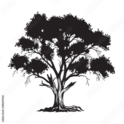 Mighty oak tree silhouette vector illustration capturing strength and longevity, perfect for natural landscapes, environmental themes, and robust botanical designs