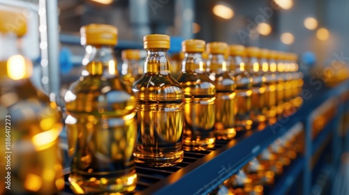 Wallpaper Mural Industrial Bottle Production Line with Sunlight Reflections on Oil Containers in Factory Environment Torontodigital.ca