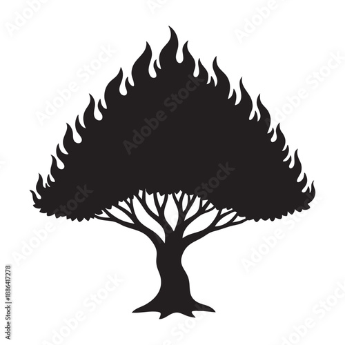 Silhouette of a tree with flames for leaves representing destruction or a powerful natural event isolated on a white background