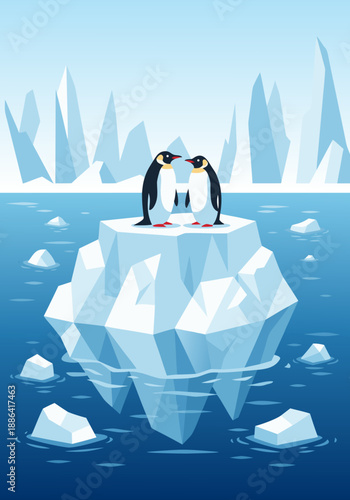 Vector illustration of two adorable emperor penguins standing on a floating iceberg in a cold arctic ocean landscape with ice floes