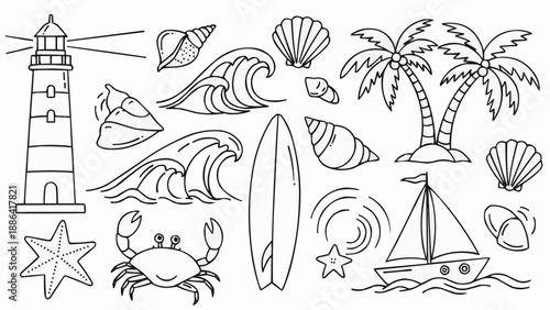 Summer Beach Elements Doodle Collection.