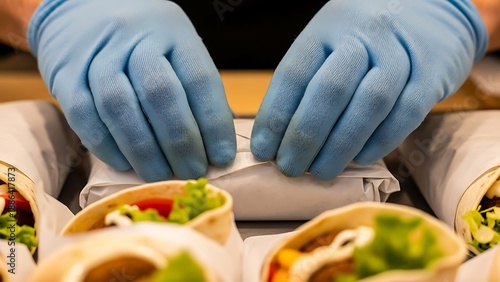 Wallpaper Mural Hands in Blue Gloves Wrapping a Delicious Burrito. Torontodigital.ca