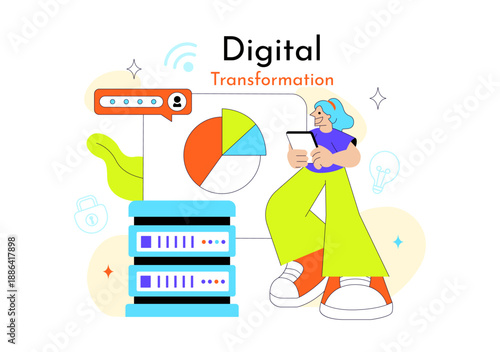 Global Digital Transformation Vector Illustration Featuring Modern Technology Innovation, Business Growth, And Future Connectivity In Flat Background
