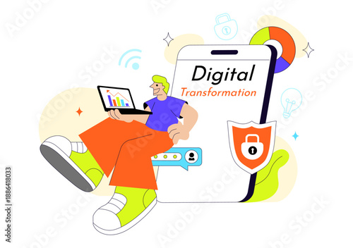 Global Digital Transformation Vector Illustration Featuring Modern Technology Innovation, Business Growth, And Future Connectivity In Flat Background