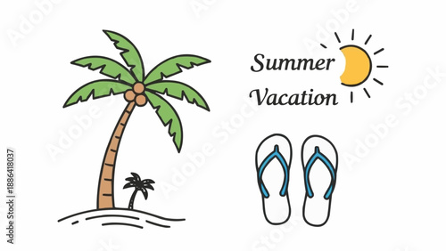 Summer vacation palm tree flip flops and sun illustration.