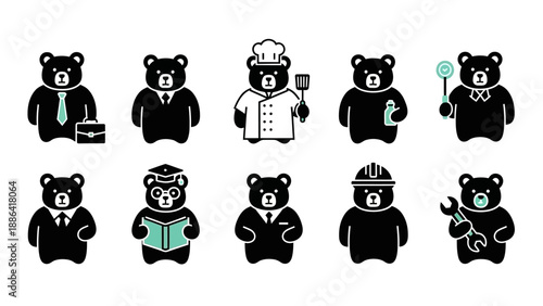 Collection of cartoon bears in various professions and outfits.