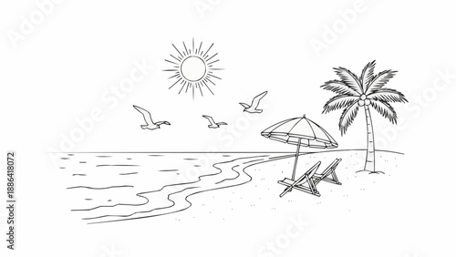 Hand drawn sketch of a tropical beach scene with palm tree and umbrella.