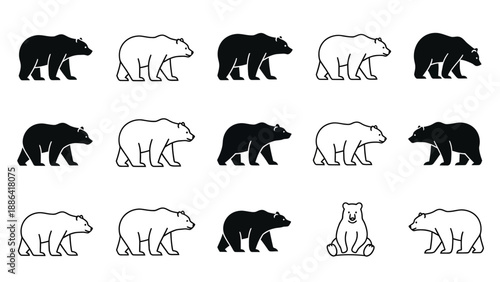 Collection of Bear Icons in Black and White Silhouette and Outline Styles.