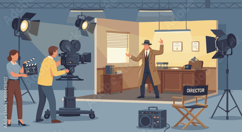 Actor Acting in Film Scene
A flat vector illustration of an actor acting in a film scene. Camera, clapperboard, and lights visible. Flat vector style, professional film production environment.