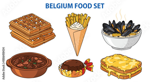 Authentic Belgian Cuisine Vector Illustration Collection A Mouthwatering Set of Traditional Dishes, Desserts, and Snacks for Culinary Themes