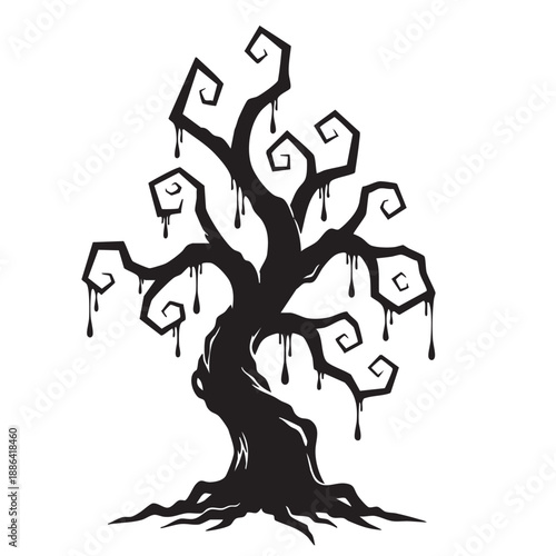 Spooky silhouette of a gnarled dripping Halloween tree perfect for holiday invitations party decorations and spooky graphic design elements