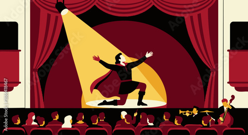 Actor Performing on Stage
A flat vector illustration of an actor performing on a theatre stage. Dramatic pose, spotlight, and curtain visible. Clean flat vector style, solid colors, no gradients.