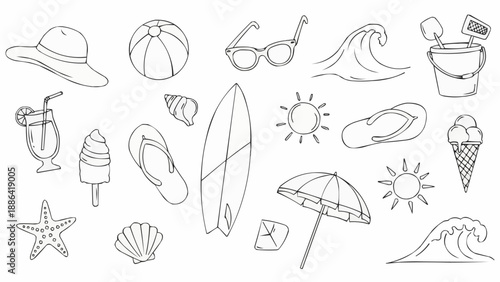 Summer beach vacation icons and symbols hand drawn sketch.