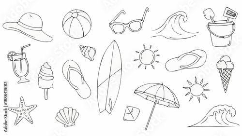 Summer Beach Holiday Icons Collection Hand Drawn Sketch.
