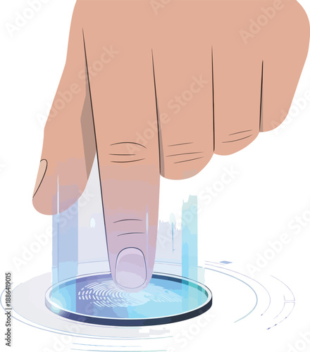 A hand pressing a glowing blue button with finger touching screen isolated on white background.