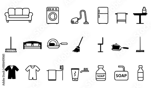 Household objects daily life flat black silhouette icons