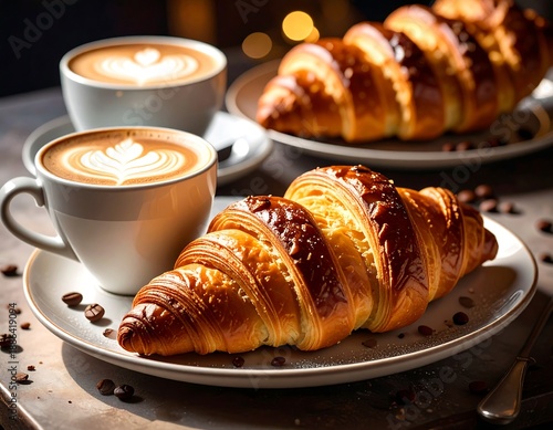 Freshly baked croissants and coffee cups.
