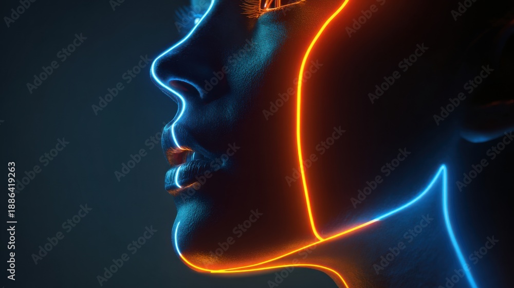 Obraz premium Woman's profile lit by colorful neon lights creating vibrant patterns in a dark setting